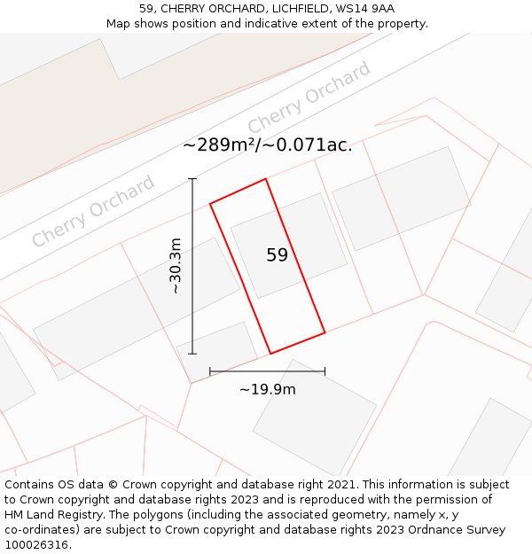 59, CHERRY ORCHARD, LICHFIELD, WS14 9AA: Plot and title map