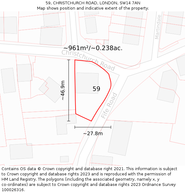 59, CHRISTCHURCH ROAD, LONDON, SW14 7AN: Plot and title map