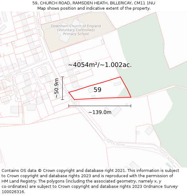 59, CHURCH ROAD, RAMSDEN HEATH, BILLERICAY, CM11 1NU: Plot and title map