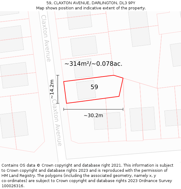 59, CLAXTON AVENUE, DARLINGTON, DL3 9PY: Plot and title map