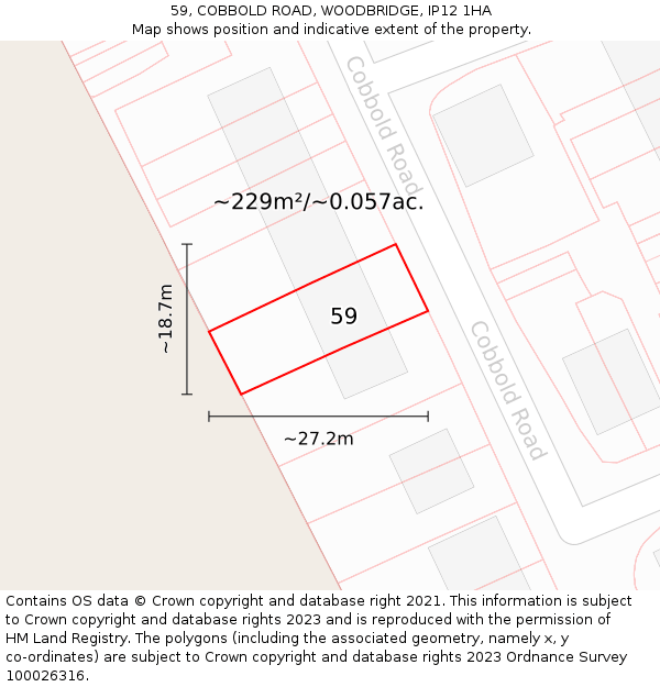 59, COBBOLD ROAD, WOODBRIDGE, IP12 1HA: Plot and title map