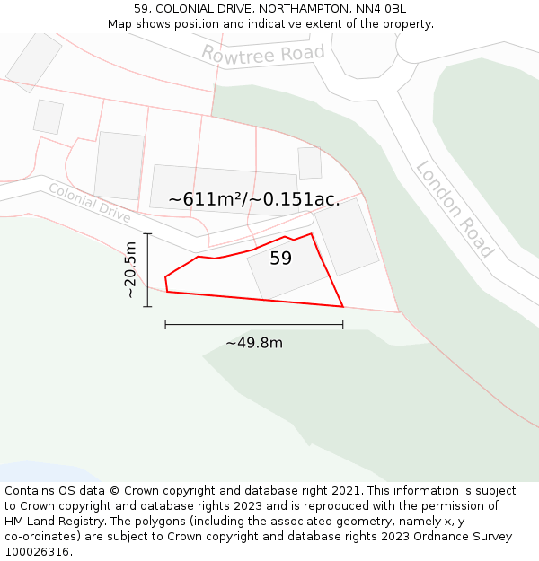 59, COLONIAL DRIVE, NORTHAMPTON, NN4 0BL: Plot and title map