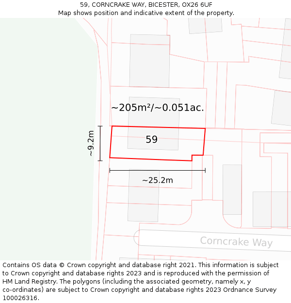 59, CORNCRAKE WAY, BICESTER, OX26 6UF: Plot and title map