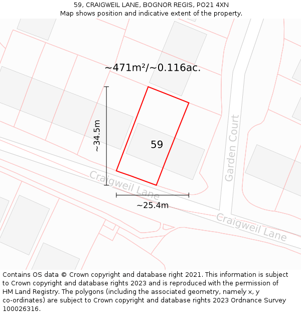 59, CRAIGWEIL LANE, BOGNOR REGIS, PO21 4XN: Plot and title map