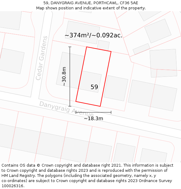 59, DANYGRAIG AVENUE, PORTHCAWL, CF36 5AE: Plot and title map