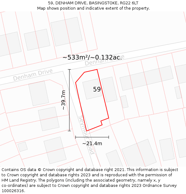 59, DENHAM DRIVE, BASINGSTOKE, RG22 6LT: Plot and title map