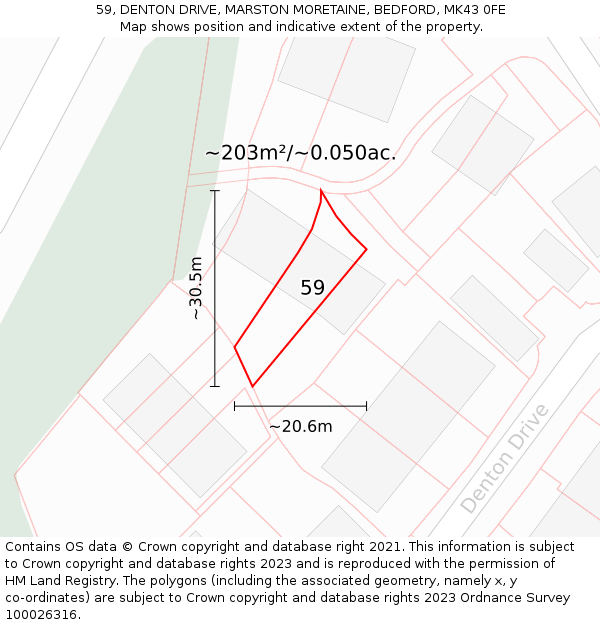 59, DENTON DRIVE, MARSTON MORETAINE, BEDFORD, MK43 0FE: Plot and title map