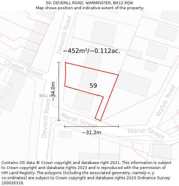 59, DEVERILL ROAD, WARMINSTER, BA12 9QW: Plot and title map