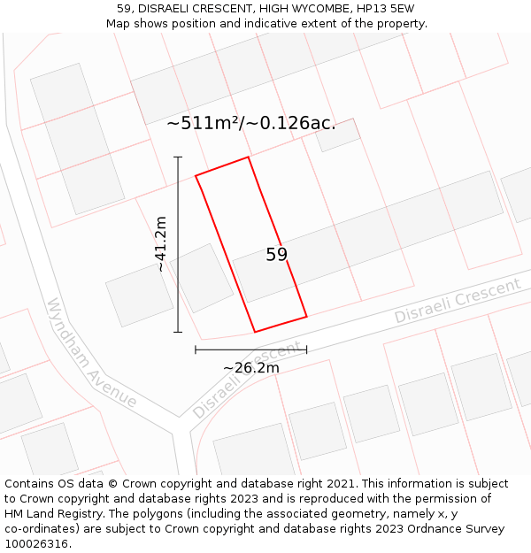 59, DISRAELI CRESCENT, HIGH WYCOMBE, HP13 5EW: Plot and title map