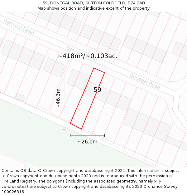 59, DONEGAL ROAD, SUTTON COLDFIELD, B74 2AB: Plot and title map