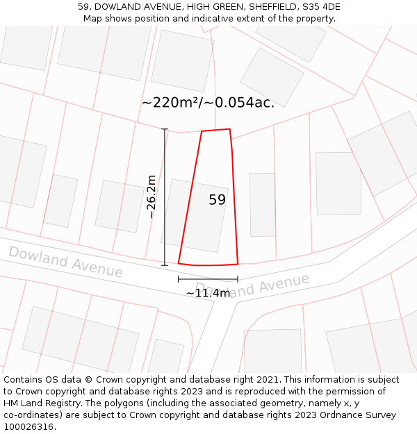 59, DOWLAND AVENUE, HIGH GREEN, SHEFFIELD, S35 4DE: Plot and title map