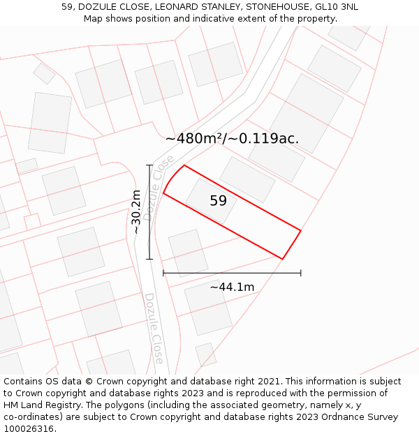 59, DOZULE CLOSE, LEONARD STANLEY, STONEHOUSE, GL10 3NL: Plot and title map