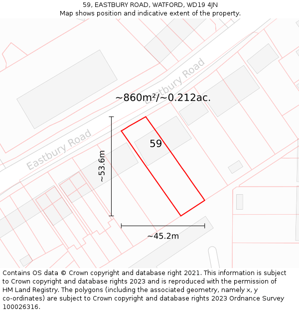 59, EASTBURY ROAD, WATFORD, WD19 4JN: Plot and title map