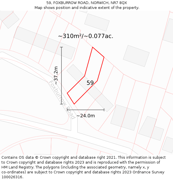 59, FOXBURROW ROAD, NORWICH, NR7 8QX: Plot and title map