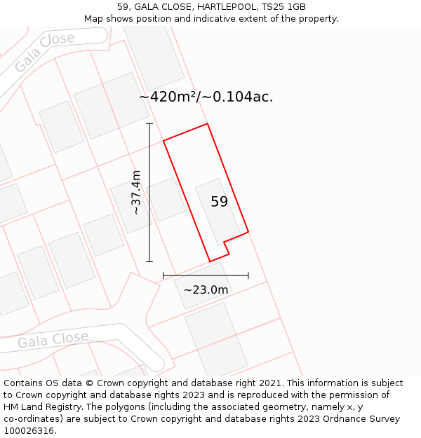 59, GALA CLOSE, HARTLEPOOL, TS25 1GB: Plot and title map