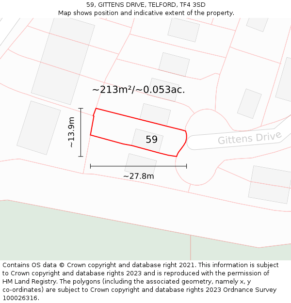 59, GITTENS DRIVE, TELFORD, TF4 3SD: Plot and title map