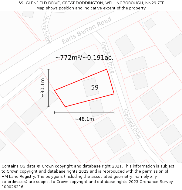 59, GLENFIELD DRIVE, GREAT DODDINGTON, WELLINGBOROUGH, NN29 7TE: Plot and title map