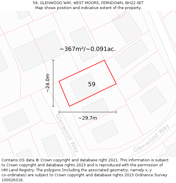 59, GLENWOOD WAY, WEST MOORS, FERNDOWN, BH22 0ET: Plot and title map