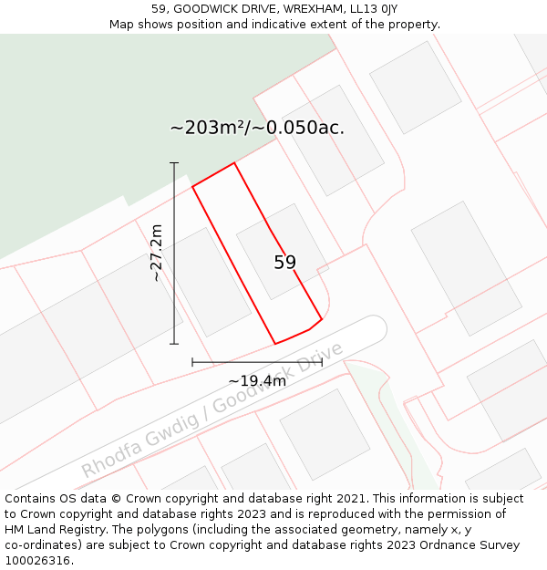 59, GOODWICK DRIVE, WREXHAM, LL13 0JY: Plot and title map