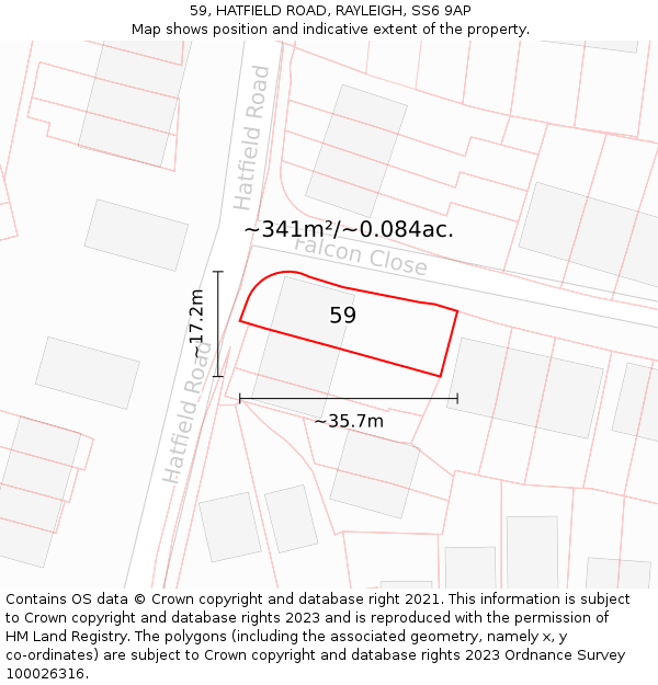 59, HATFIELD ROAD, RAYLEIGH, SS6 9AP: Plot and title map