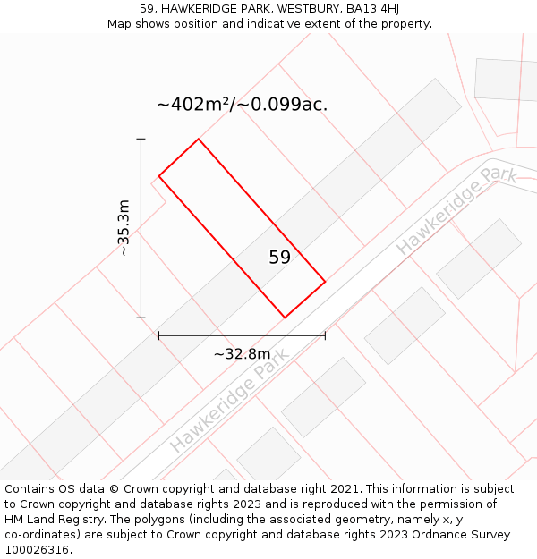 59, HAWKERIDGE PARK, WESTBURY, BA13 4HJ: Plot and title map