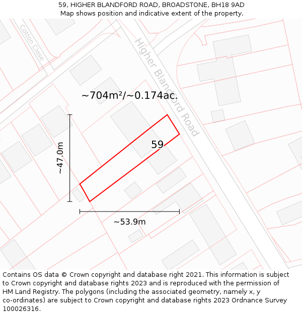 59, HIGHER BLANDFORD ROAD, BROADSTONE, BH18 9AD: Plot and title map