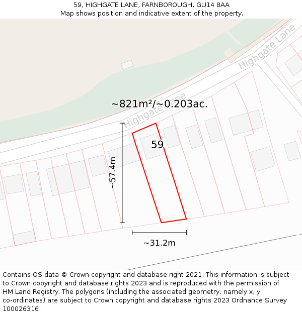 59, HIGHGATE LANE, FARNBOROUGH, GU14 8AA: Plot and title map