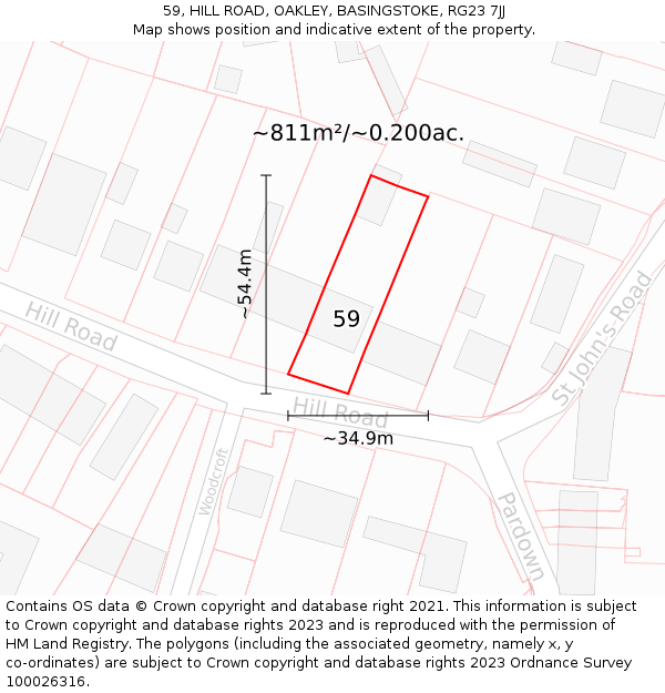 59, HILL ROAD, OAKLEY, BASINGSTOKE, RG23 7JJ: Plot and title map