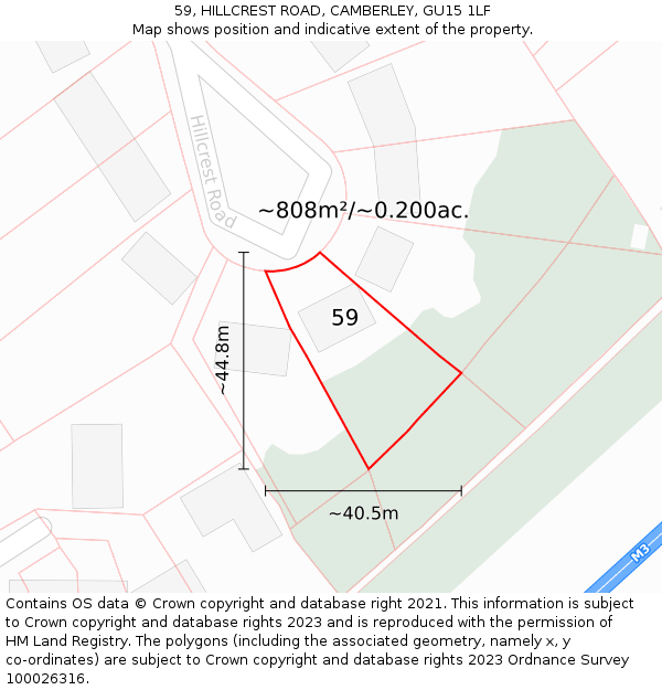 59, HILLCREST ROAD, CAMBERLEY, GU15 1LF: Plot and title map