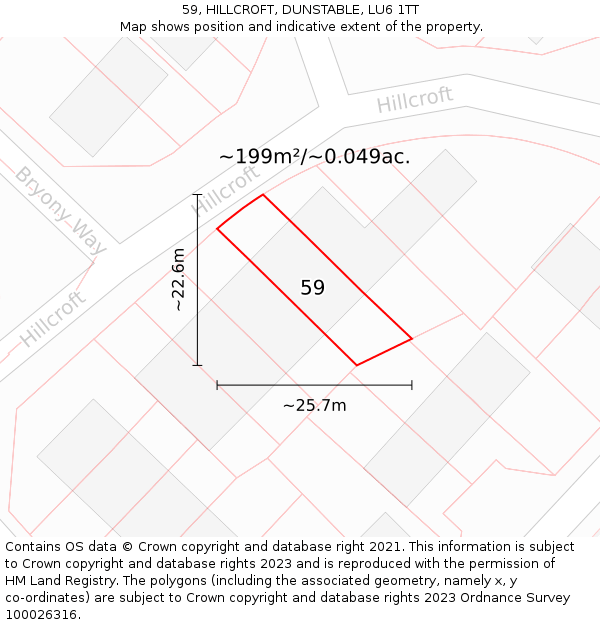 59, HILLCROFT, DUNSTABLE, LU6 1TT: Plot and title map