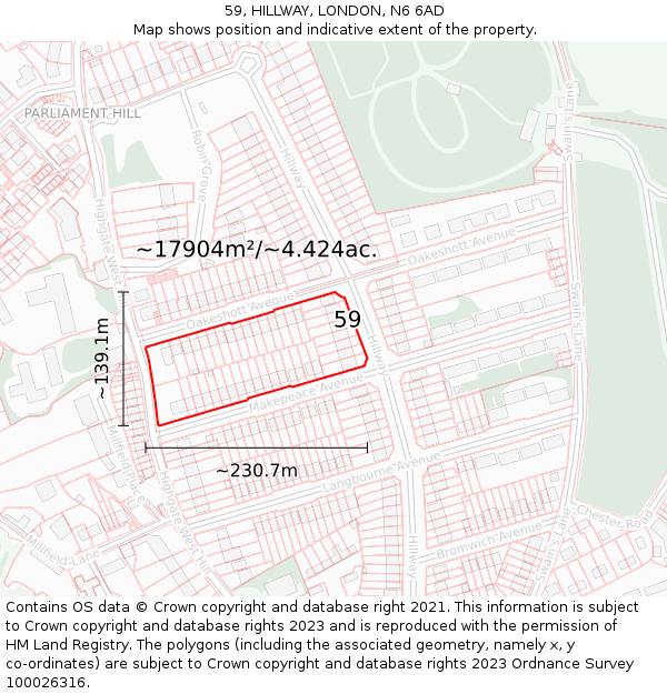 59, HILLWAY, LONDON, N6 6AD: Plot and title map