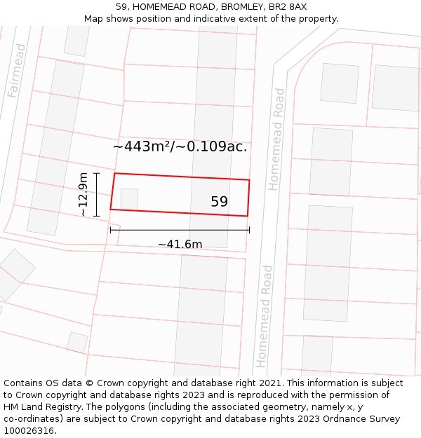 59, HOMEMEAD ROAD, BROMLEY, BR2 8AX: Plot and title map