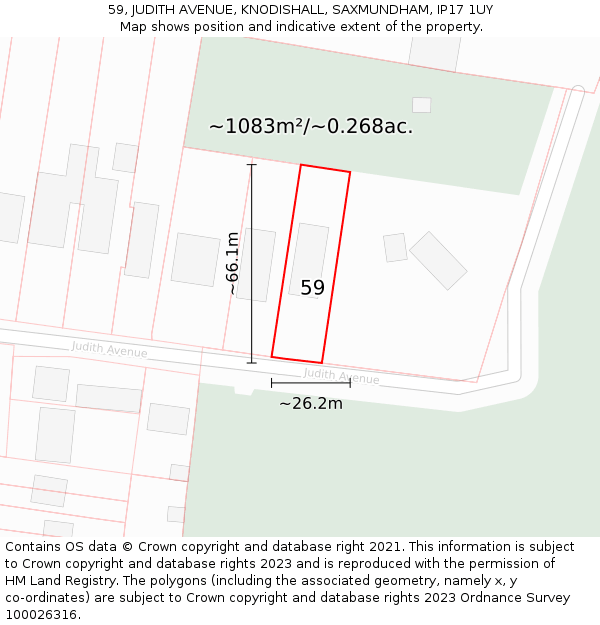 59, JUDITH AVENUE, KNODISHALL, SAXMUNDHAM, IP17 1UY: Plot and title map