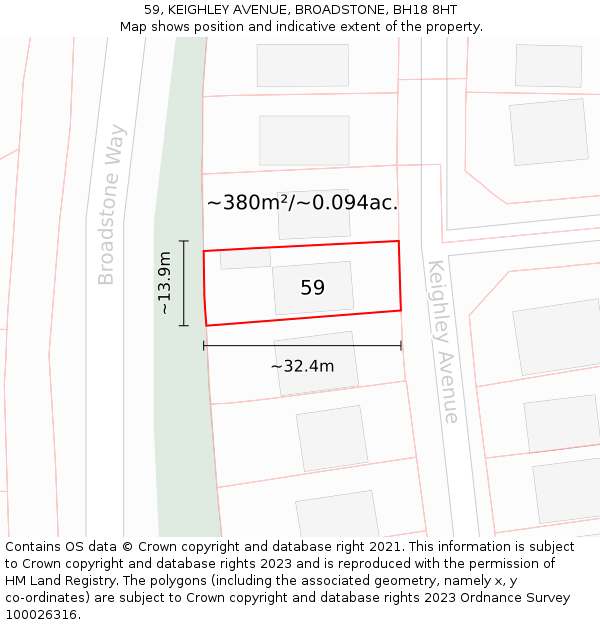 59, KEIGHLEY AVENUE, BROADSTONE, BH18 8HT: Plot and title map