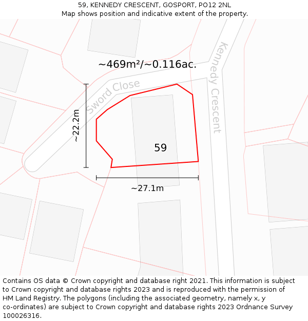 59, KENNEDY CRESCENT, GOSPORT, PO12 2NL: Plot and title map