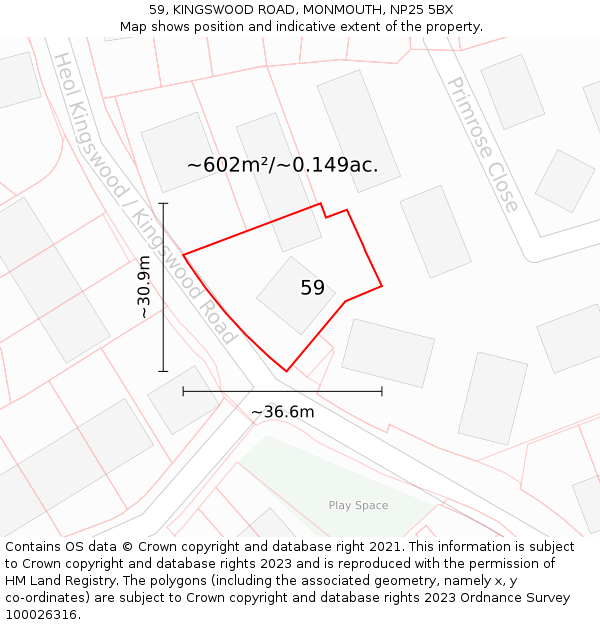 59, KINGSWOOD ROAD, MONMOUTH, NP25 5BX: Plot and title map