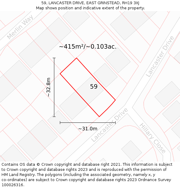 59, LANCASTER DRIVE, EAST GRINSTEAD, RH19 3XJ: Plot and title map