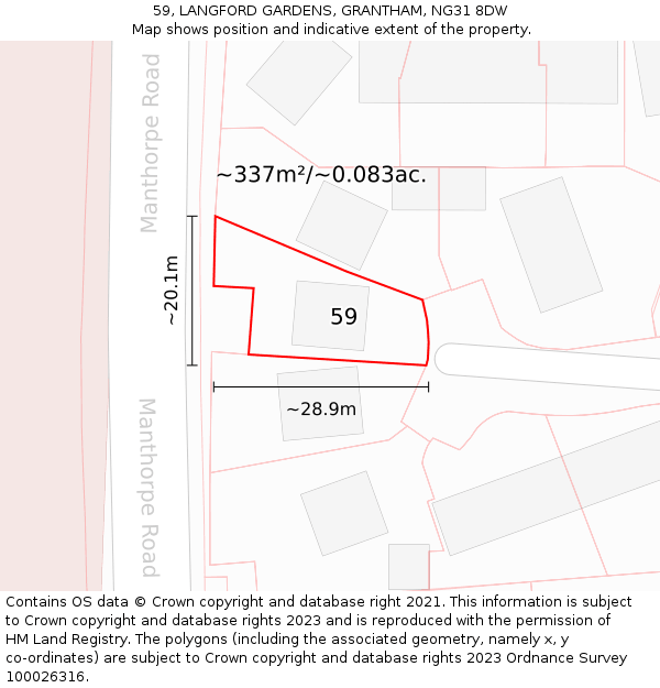 59, LANGFORD GARDENS, GRANTHAM, NG31 8DW: Plot and title map