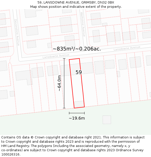 59, LANSDOWNE AVENUE, GRIMSBY, DN32 0BX: Plot and title map