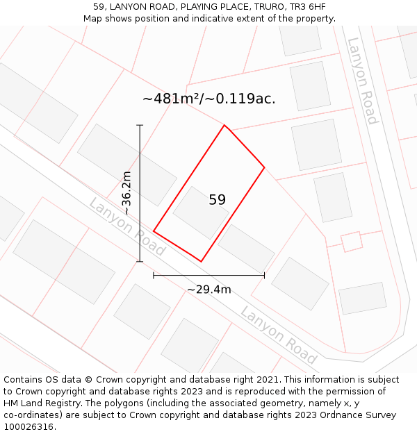 59, LANYON ROAD, PLAYING PLACE, TRURO, TR3 6HF: Plot and title map