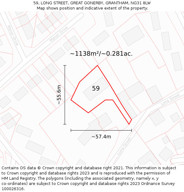 59, LONG STREET, GREAT GONERBY, GRANTHAM, NG31 8LW: Plot and title map