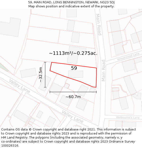 59, MAIN ROAD, LONG BENNINGTON, NEWARK, NG23 5DJ: Plot and title map