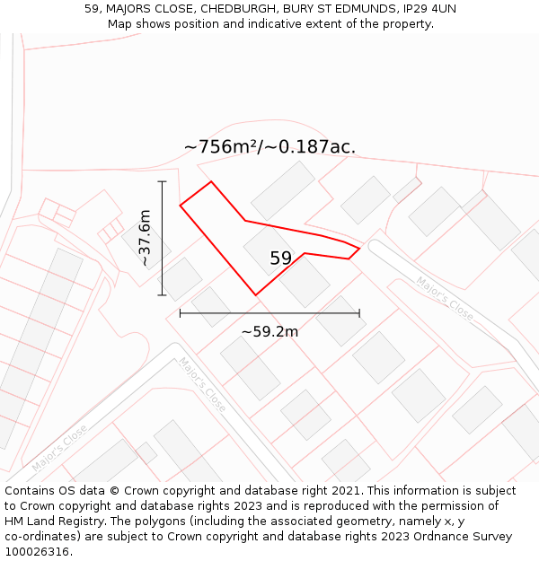 59, MAJORS CLOSE, CHEDBURGH, BURY ST EDMUNDS, IP29 4UN: Plot and title map