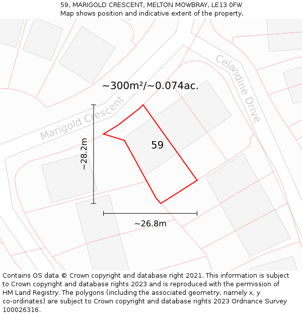 59, MARIGOLD CRESCENT, MELTON MOWBRAY, LE13 0FW: Plot and title map