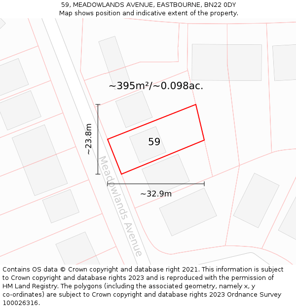 59, MEADOWLANDS AVENUE, EASTBOURNE, BN22 0DY: Plot and title map