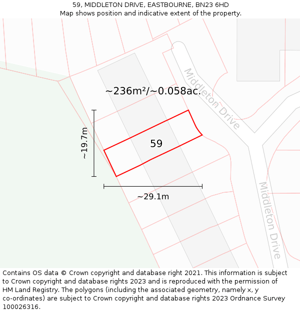 59, MIDDLETON DRIVE, EASTBOURNE, BN23 6HD: Plot and title map