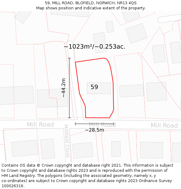 59, MILL ROAD, BLOFIELD, NORWICH, NR13 4QS: Plot and title map