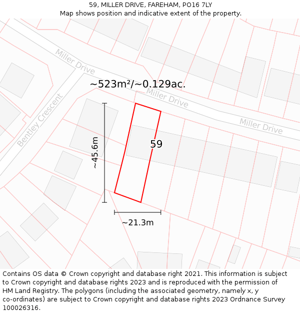 59, MILLER DRIVE, FAREHAM, PO16 7LY: Plot and title map