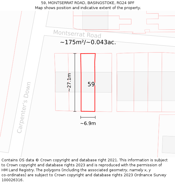 59, MONTSERRAT ROAD, BASINGSTOKE, RG24 9PF: Plot and title map