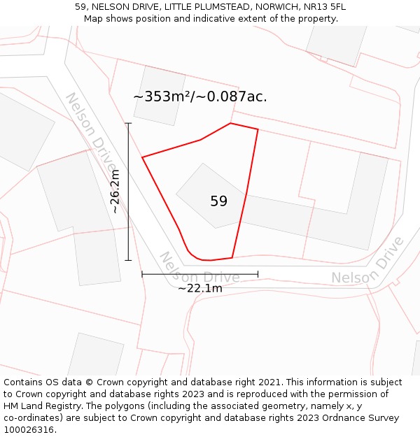 59, NELSON DRIVE, LITTLE PLUMSTEAD, NORWICH, NR13 5FL: Plot and title map